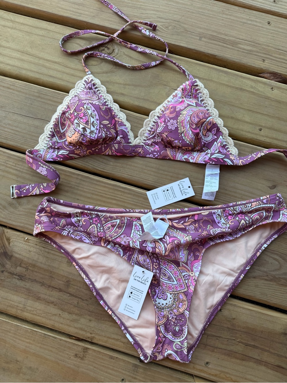 Cupshe Distressed Paisley Crochet Halter Top & Hipster Bikini Set (L & XL)